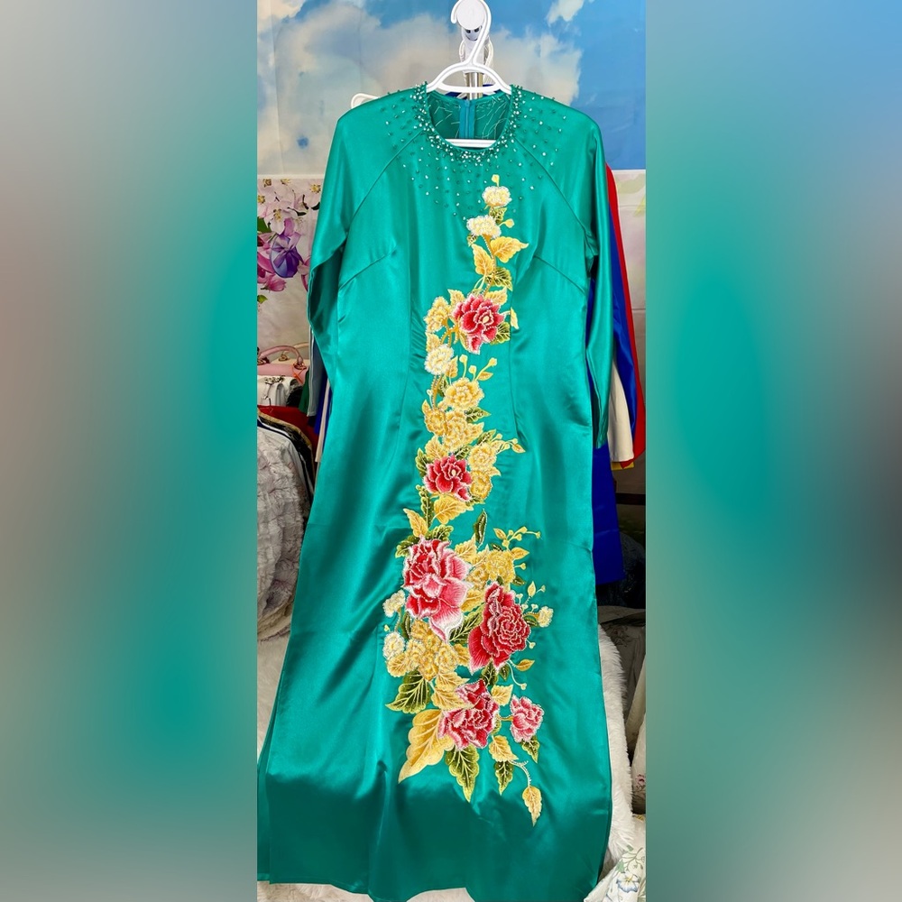 Ao dai Valentino loại 1, New Vietnamese traditional long dress set 3xl 10 green